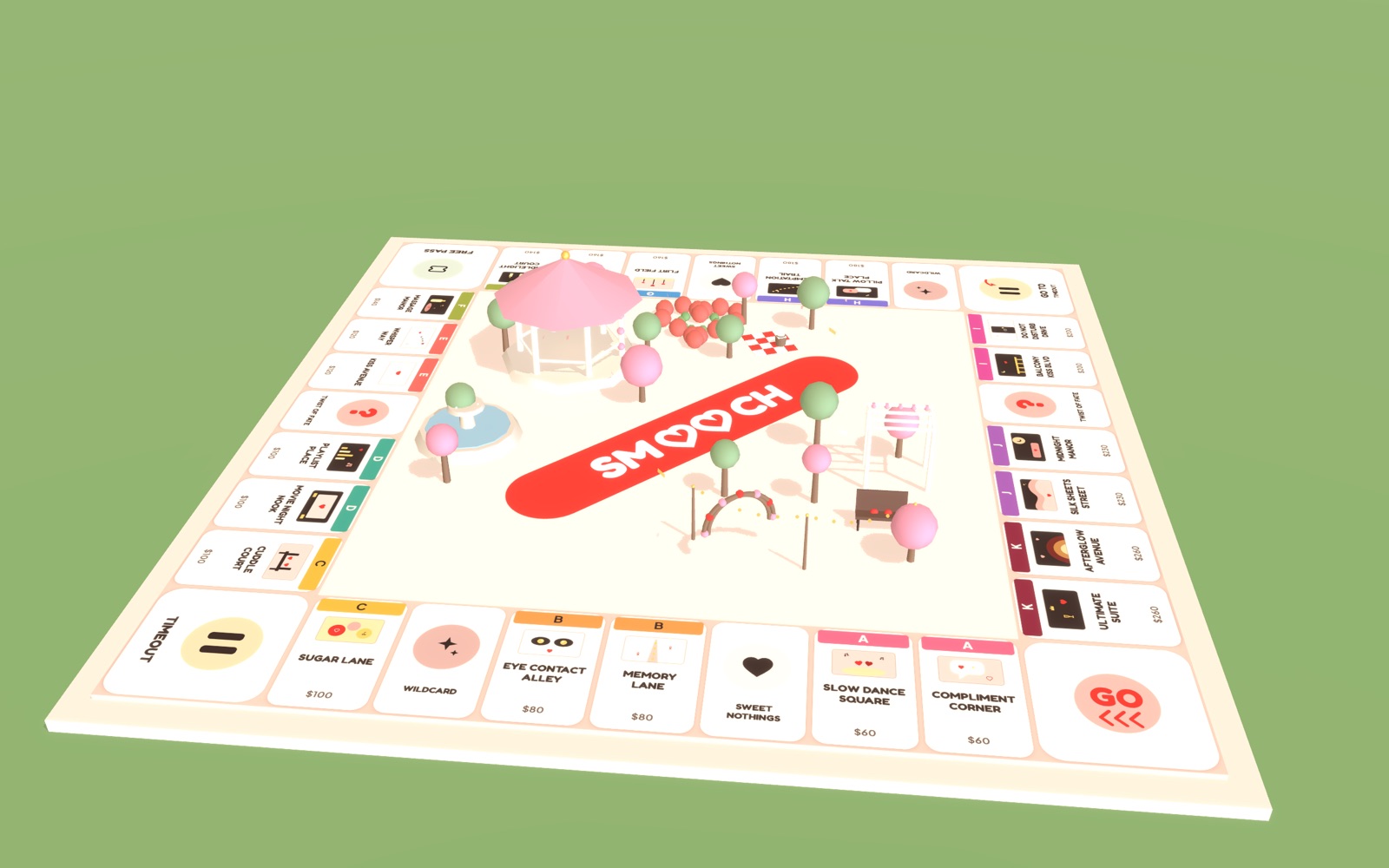 The SMOOCH 3D game board: a couples date-night board game with destination tiles like Slow Dance Square, Eye Contact Alley, and Compliment Corner around a garden gazebo